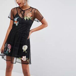 ASOS PREMIUM Dobby Mesh Mini Smock Dress with Embellished Flowers (US S/ US 4)